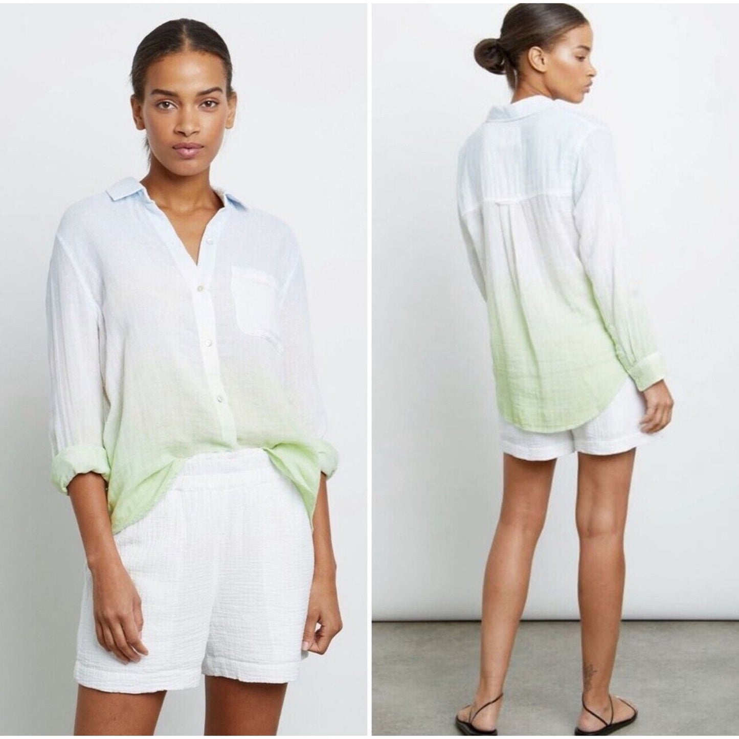 Rails Ellis Blue Mint Dip Dye Button Down Long Sleeve Chest Pocket Gauze Shirt