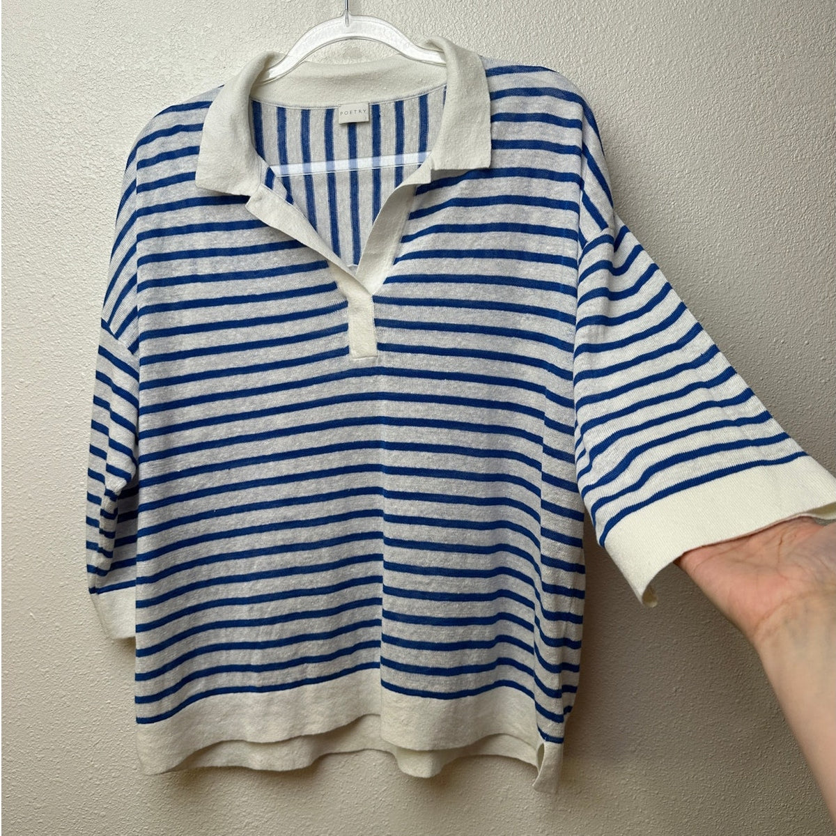 Poetry Ivory Blue Striped Linen Knit Collared V-Neck Boxy Sweater US 12
