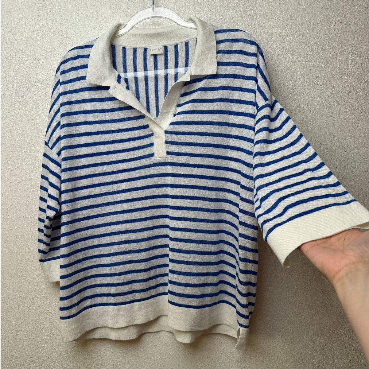 Poetry Ivory Blue Striped Linen Knit Collared V-Neck Boxy Sweater US 12