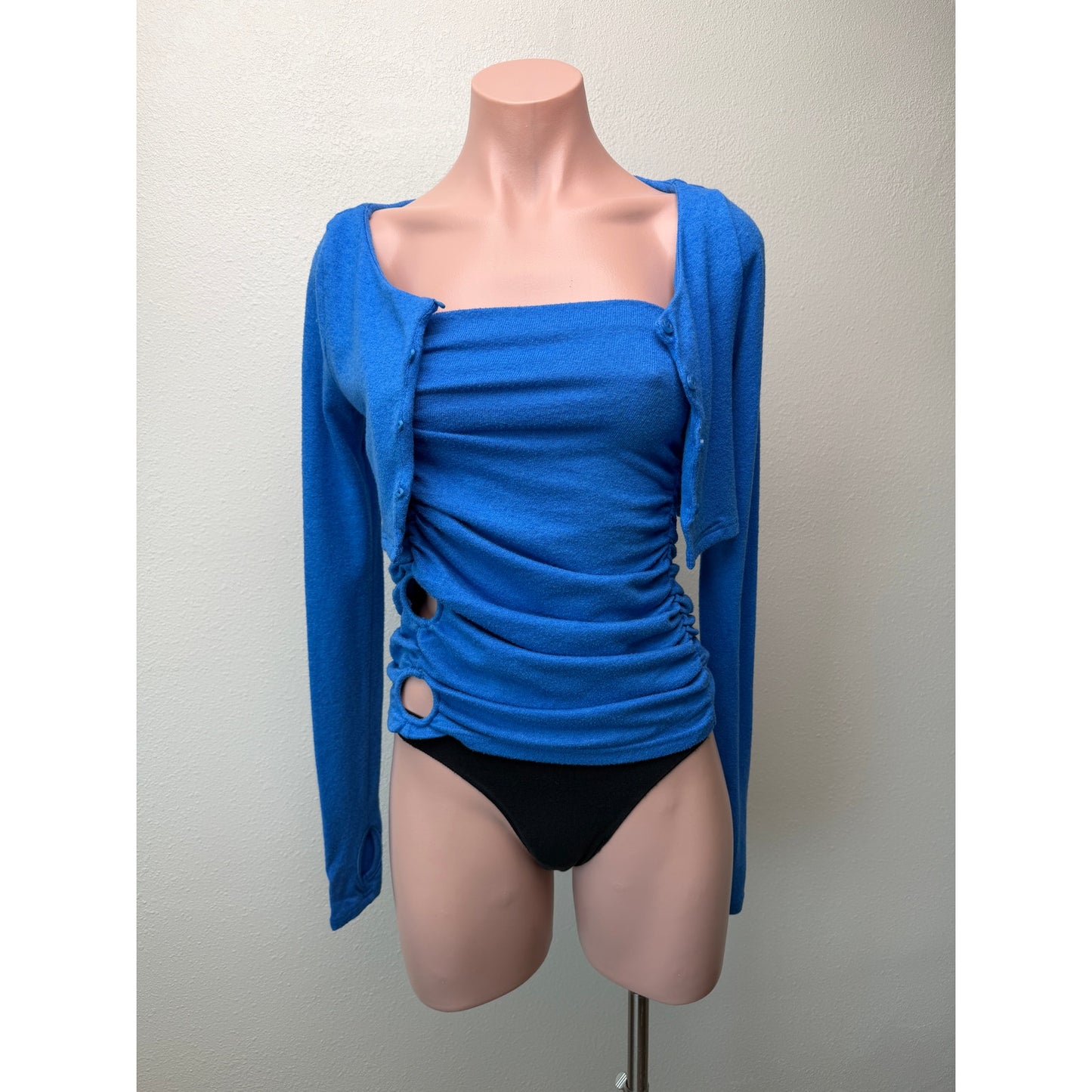 by.DYLN Cobalt Blue Tube Top Ruched Cutout Tube Top Crop Cardigan XS