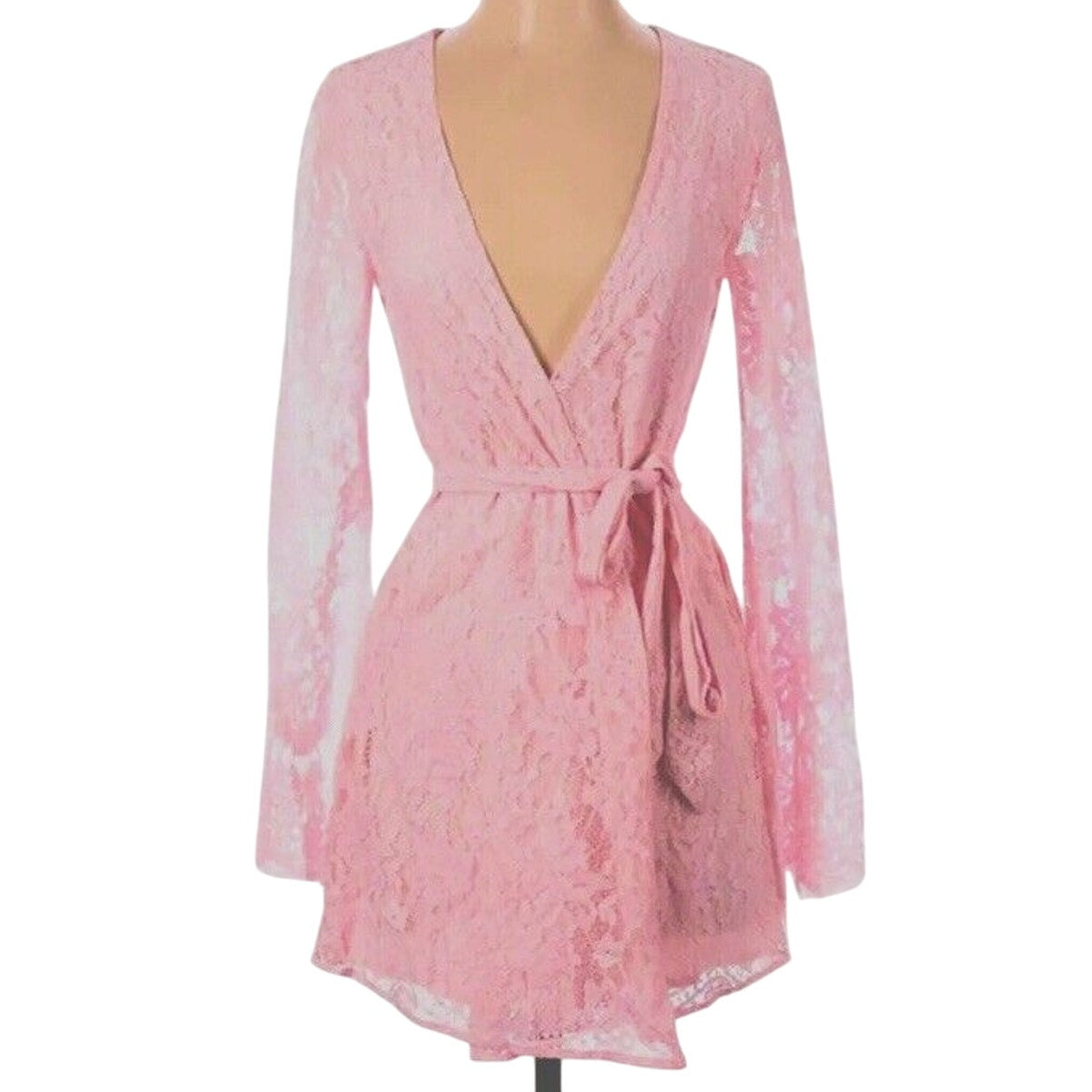Marjorelle Pale Pink Lace Long Sleeve Tie Waist Kimono Wrap Mini Dress Robe M