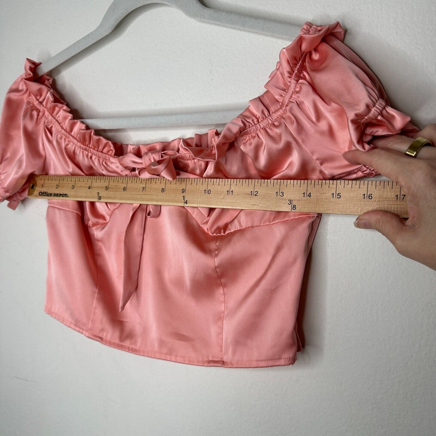 Nasty Gal Peachy Pink Satin Bodice Off Shoulder Crop Tie Close Ruffle Edge Top 6