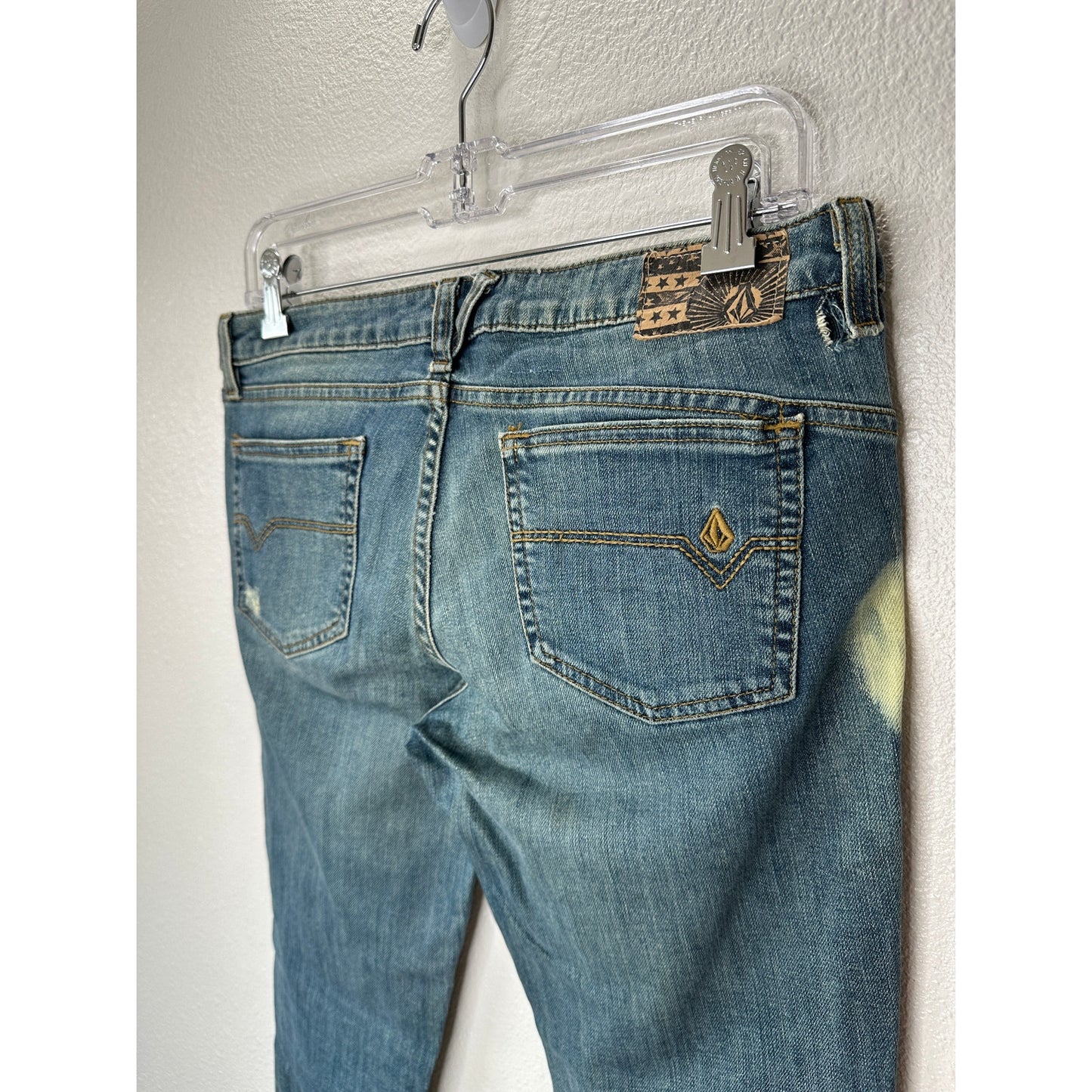 VINTAGE Volcom Stix Skinny Jeans Medium Wash Bleached Distressed Patched Denim