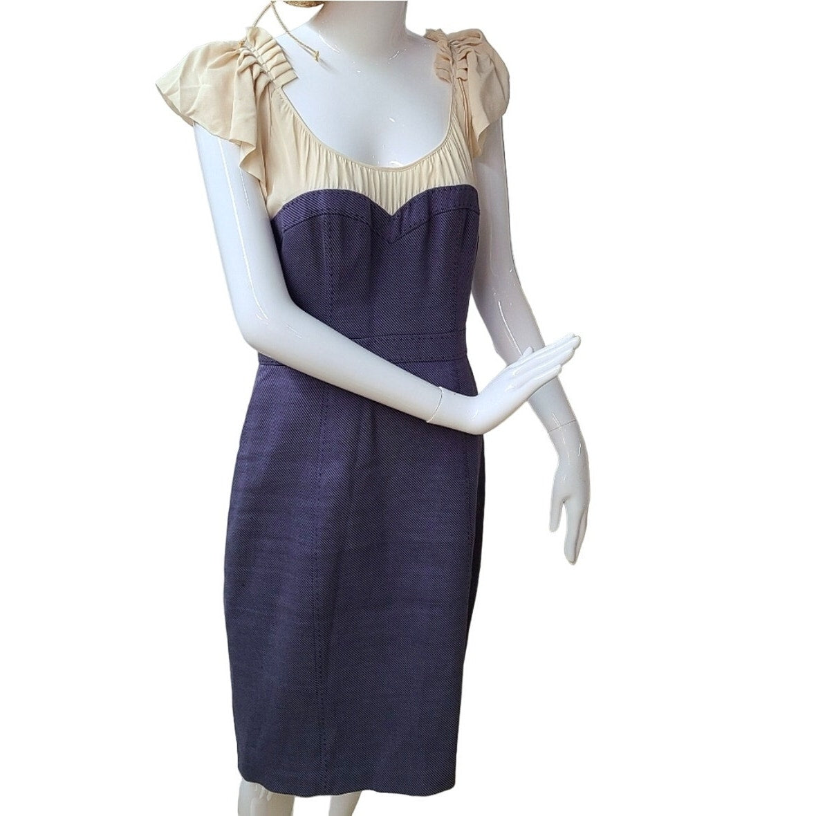 Rebecca Taylor Cream Ruffled Pleat Shoulder Blue Jean Stripe Linen Sheath Dress 0