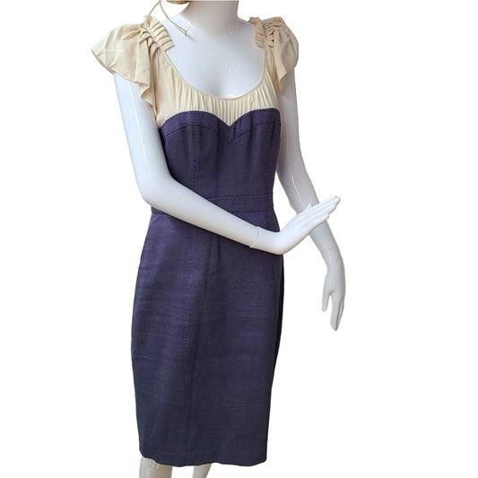 Rebecca Taylor Cream Ruffled Pleat Shoulder Blue Jean Stripe Linen Sheath Dress 0