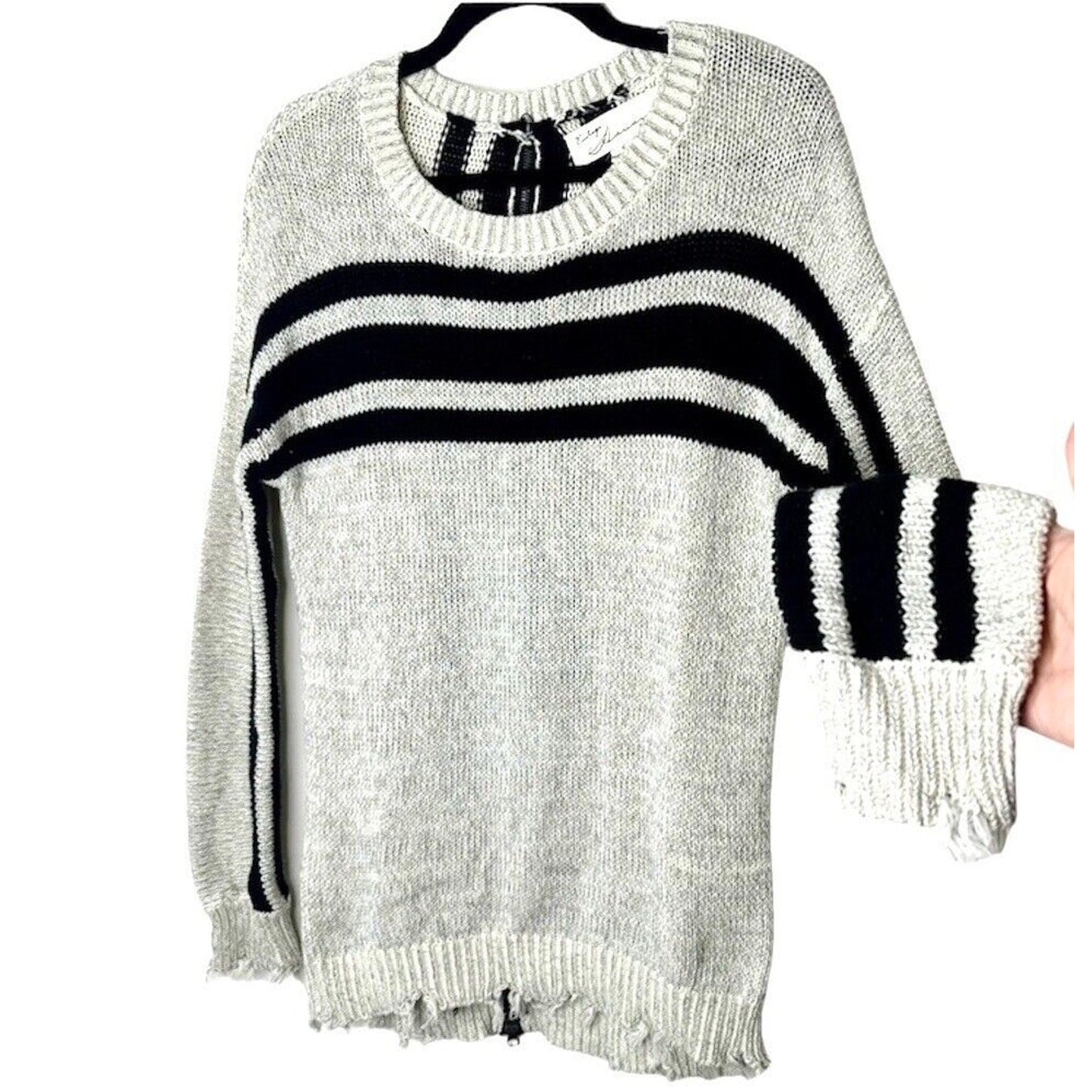 Havana Gray Black Stripe Distressed Long Sleeve Round Neck Sweater Zip Back SM