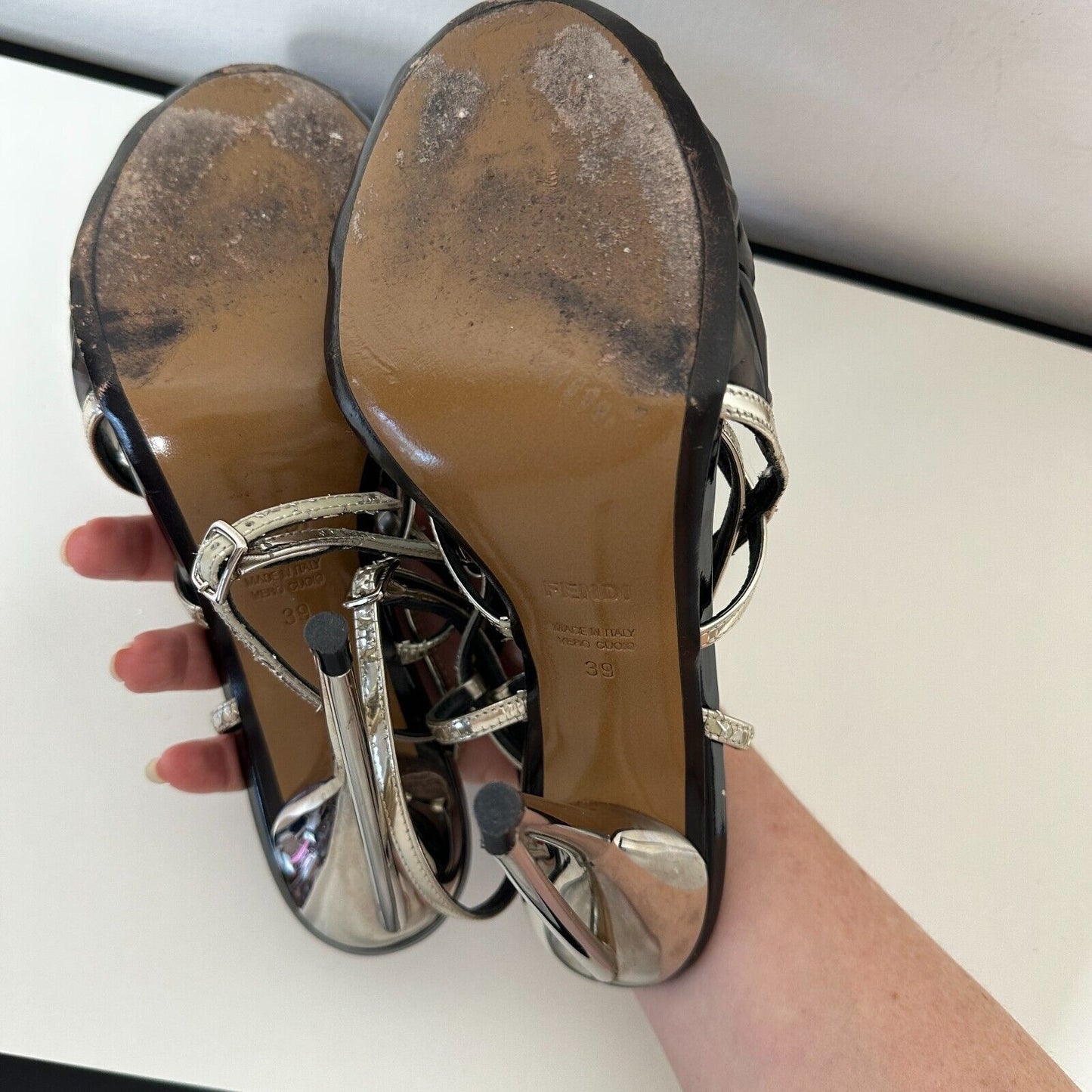 Fendi Cute Black Silver Iridia PVC Buckle Pyramid Metallic Strap Sandals 39