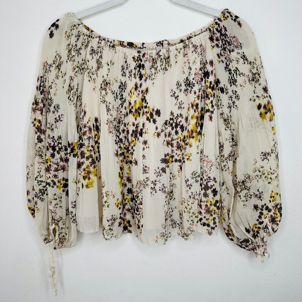 Aritzia Wilfred Talence Cream and Multi Floral Silk Pleated Off Shoulder Top XS