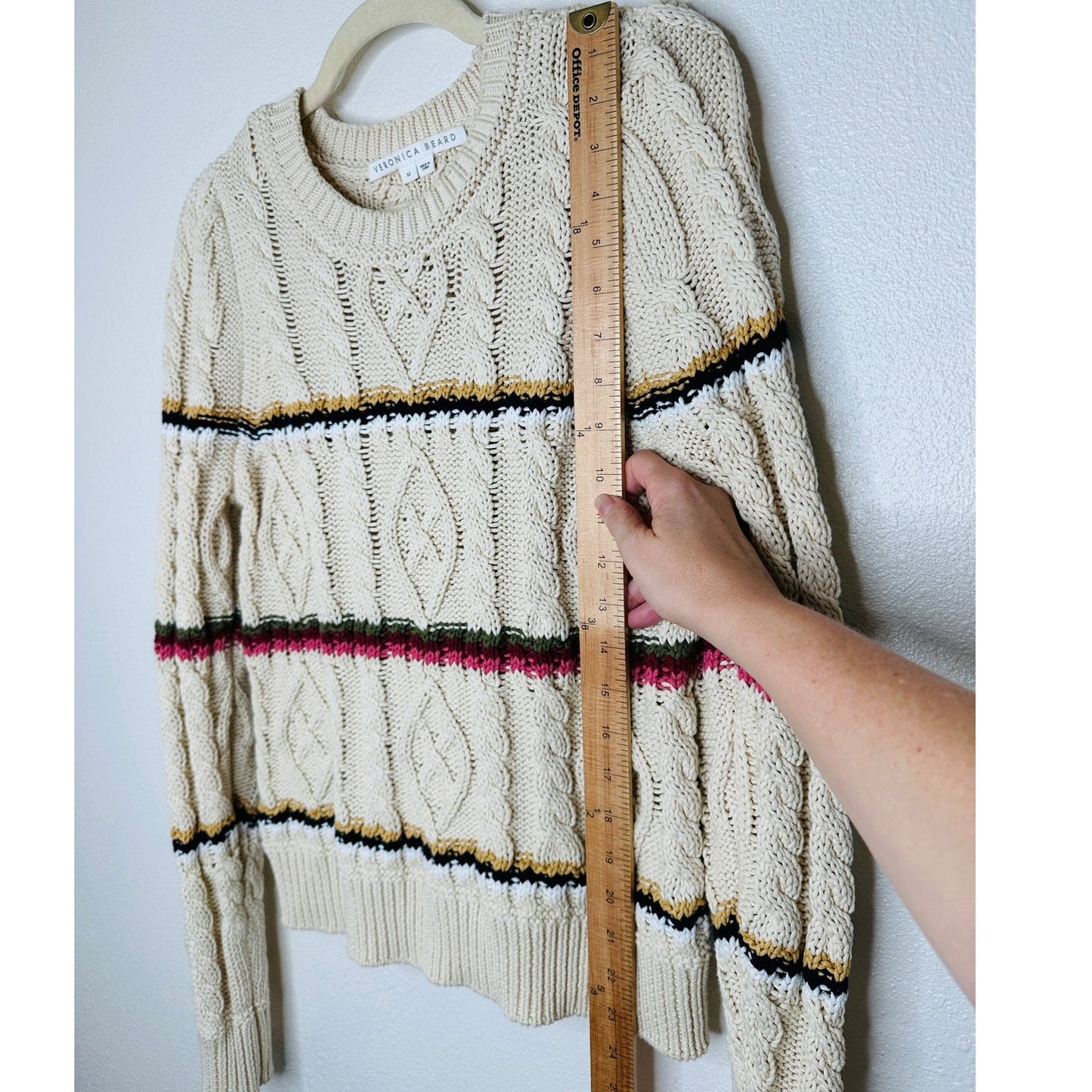 Veronica Beard Bruna Cream Black Multi Stripe Chunky Knit Long Sleeve Sweater M