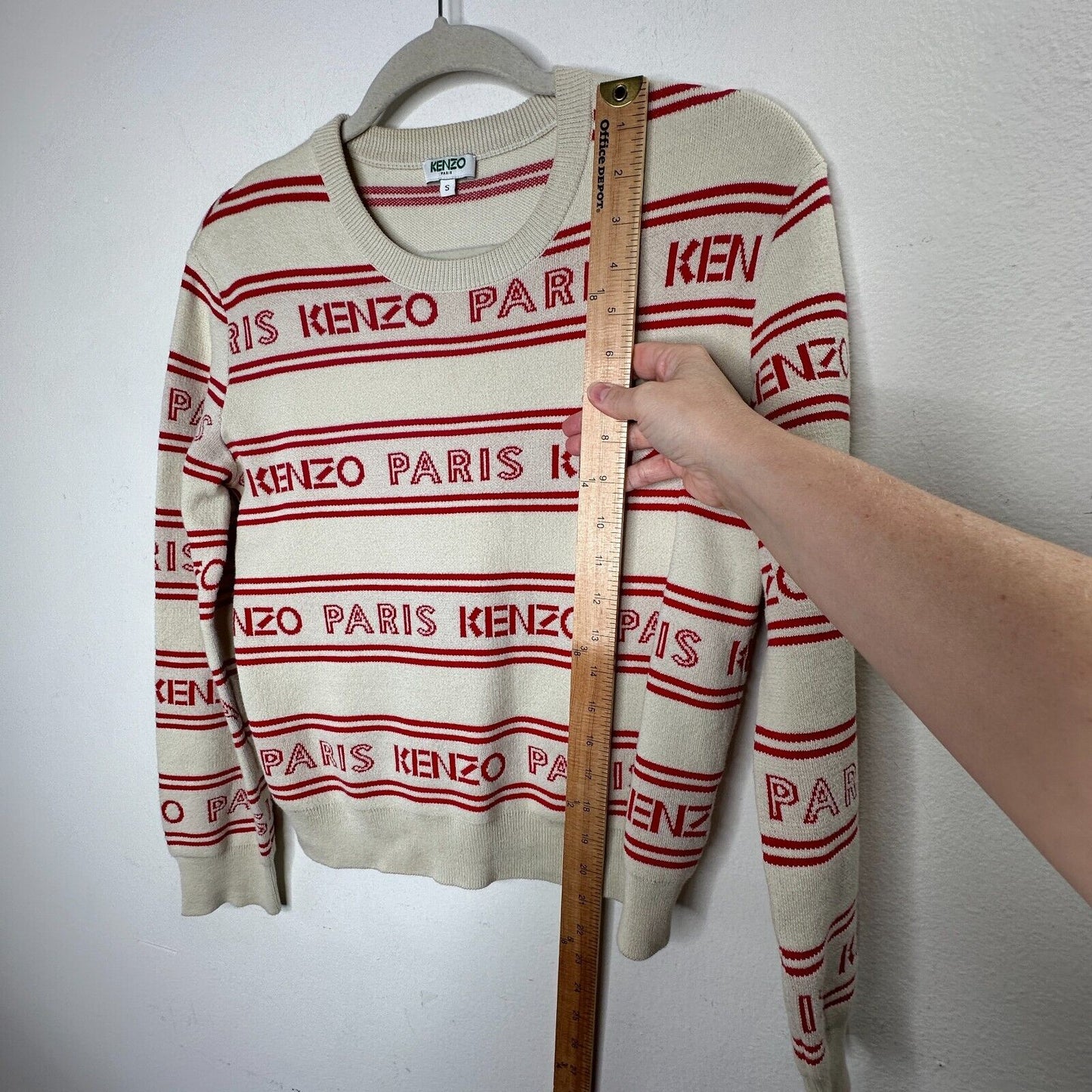 Kenzo Red & Tan Striped Woven Logo Knitted Sweater Long Sleeve Round Neck Small