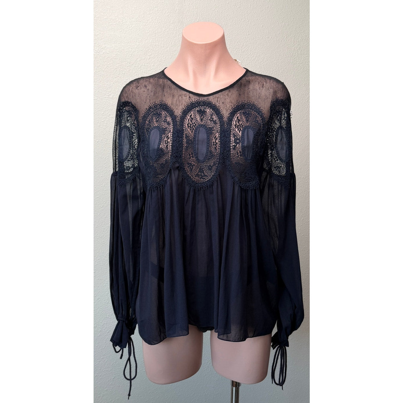 Chloe Womens Navy Lace Mesh Babydoll Blouse US 6