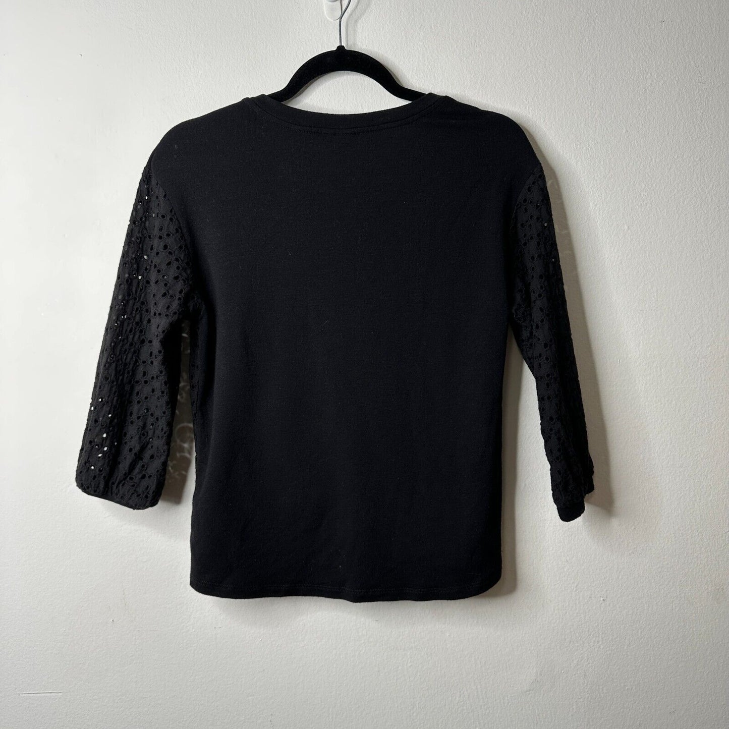 Allison Joy Black Eyelet Lace Front Tie 3/4 Sleeve Round Neck Blouse XS
