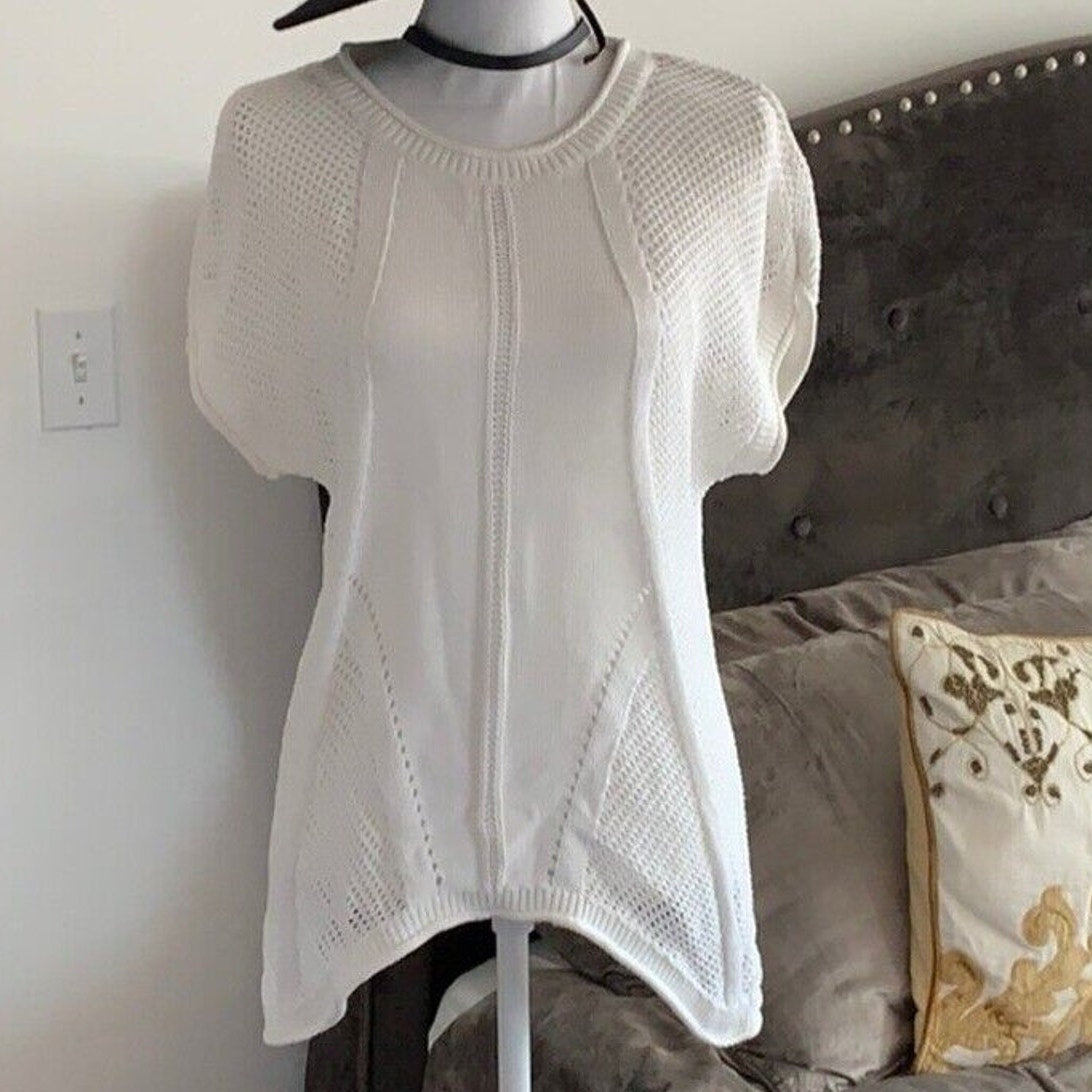 White Ivory Knit Asymmetrical Round Neck Short Sleeve Sweater S