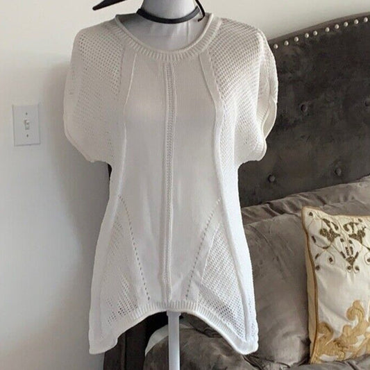 White Ivory Knit Asymmetrical Round Neck Short Sleeve Sweater S