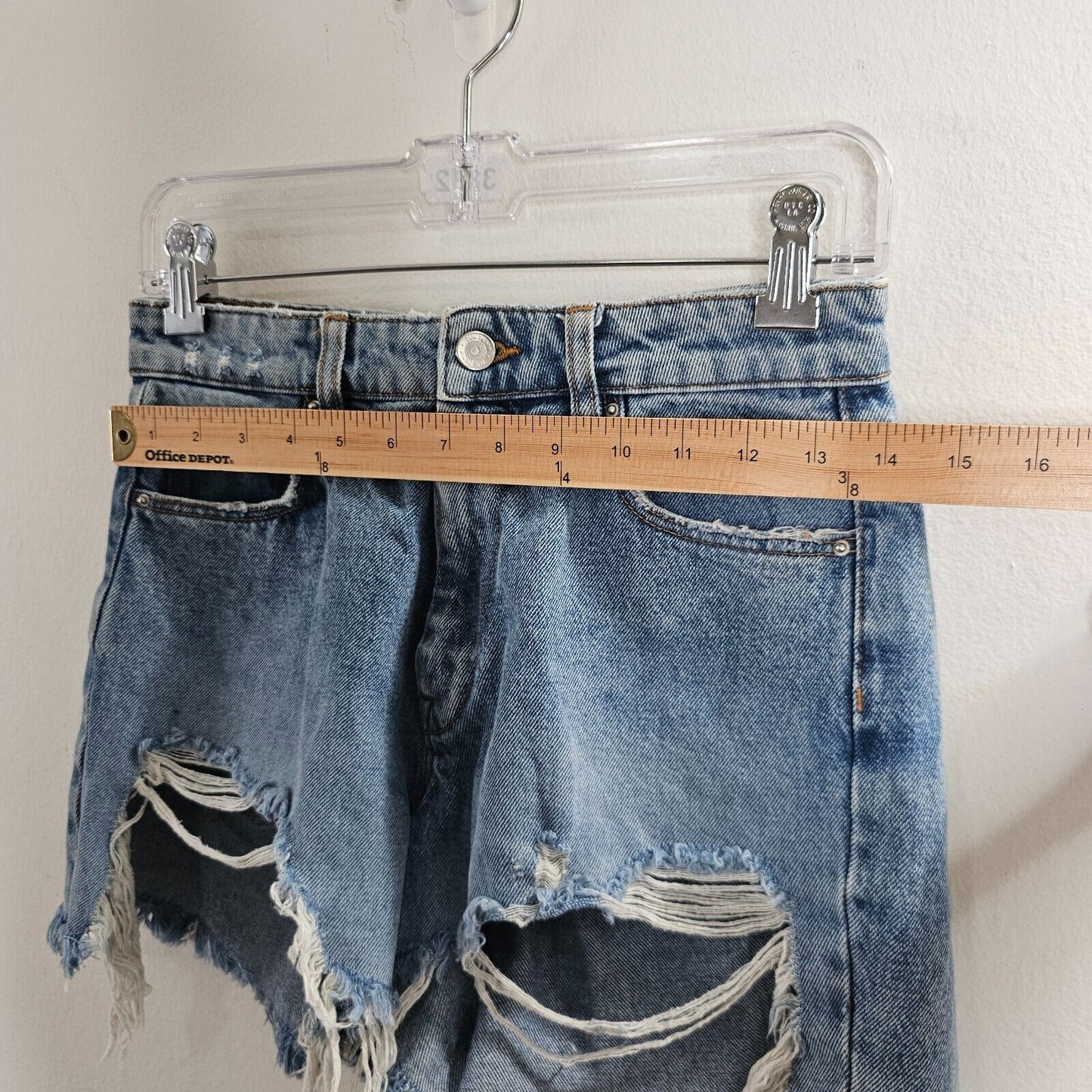 Zara High Waist Medium Wash Extreme Distressing Raw Hem Denim Jean Shorts 4