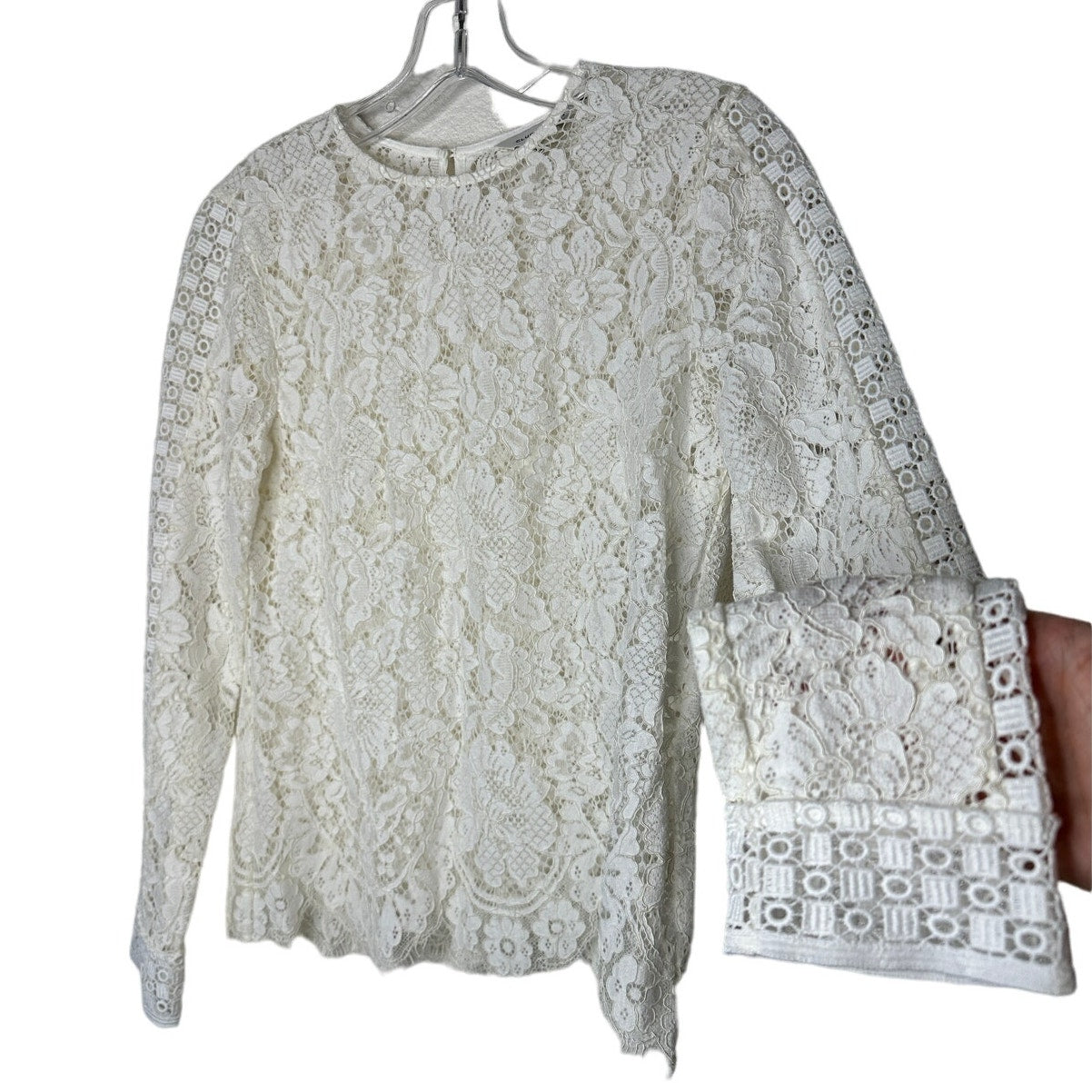 Club Monaco Ivory Floral Lace Round Neck Keyhole Back Long Sleeve Scalloped Hem Blouse XS