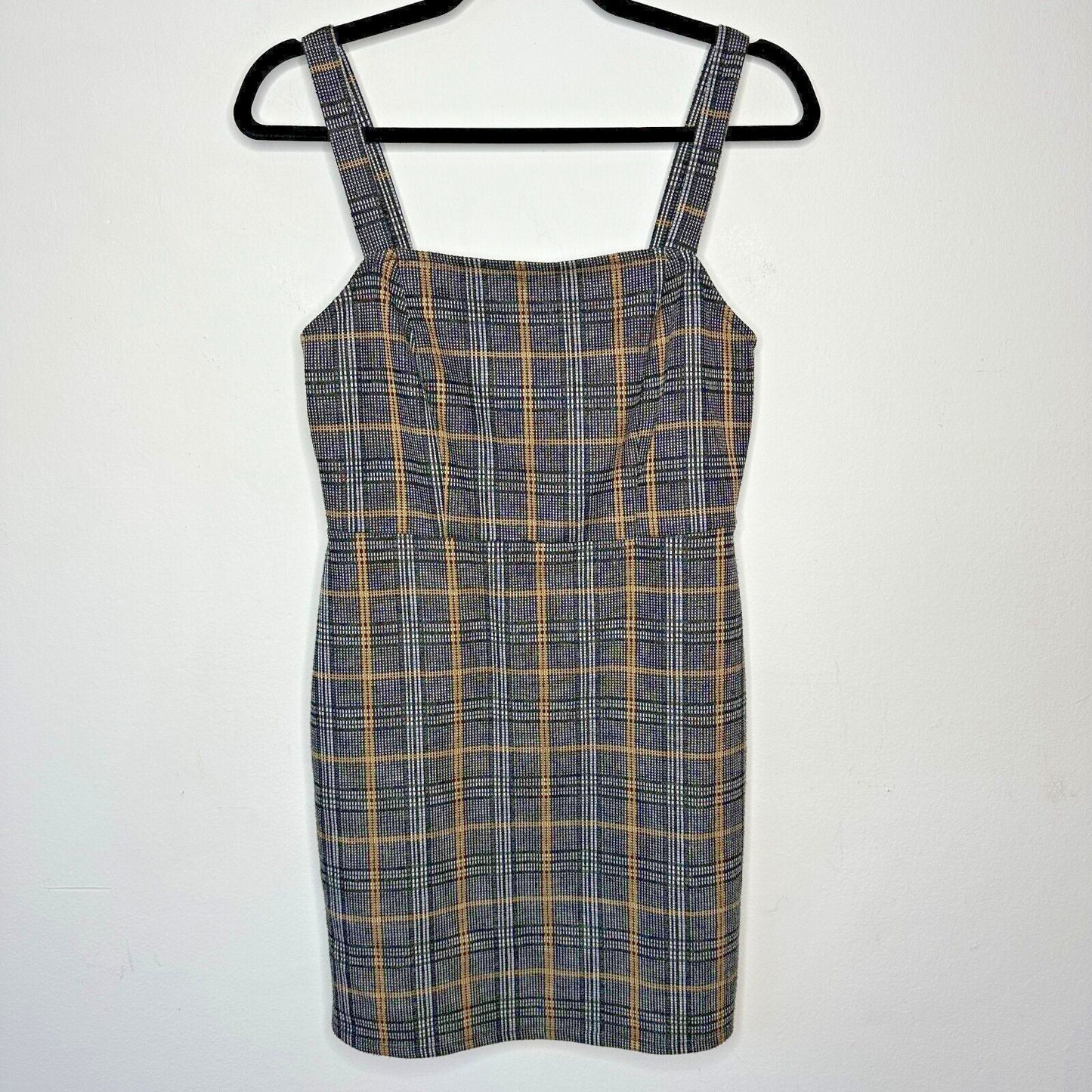 Cute Gold Gray White Black Plaid Sleeveless Knit Jumper Overall Mini Dress Med