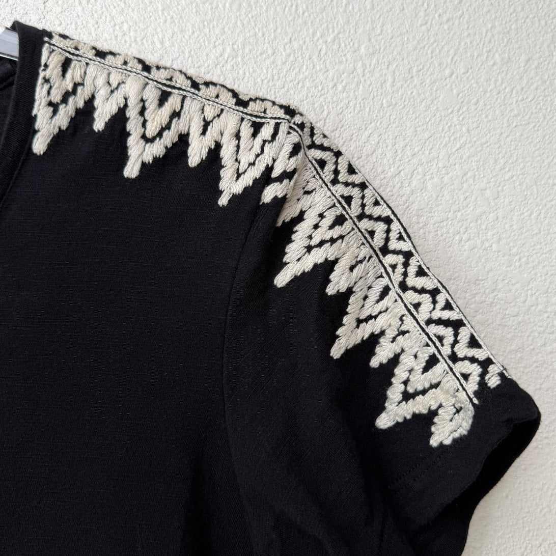 Pepin Black Short Sleeve Shirt with Embroidered Shoulders – XS