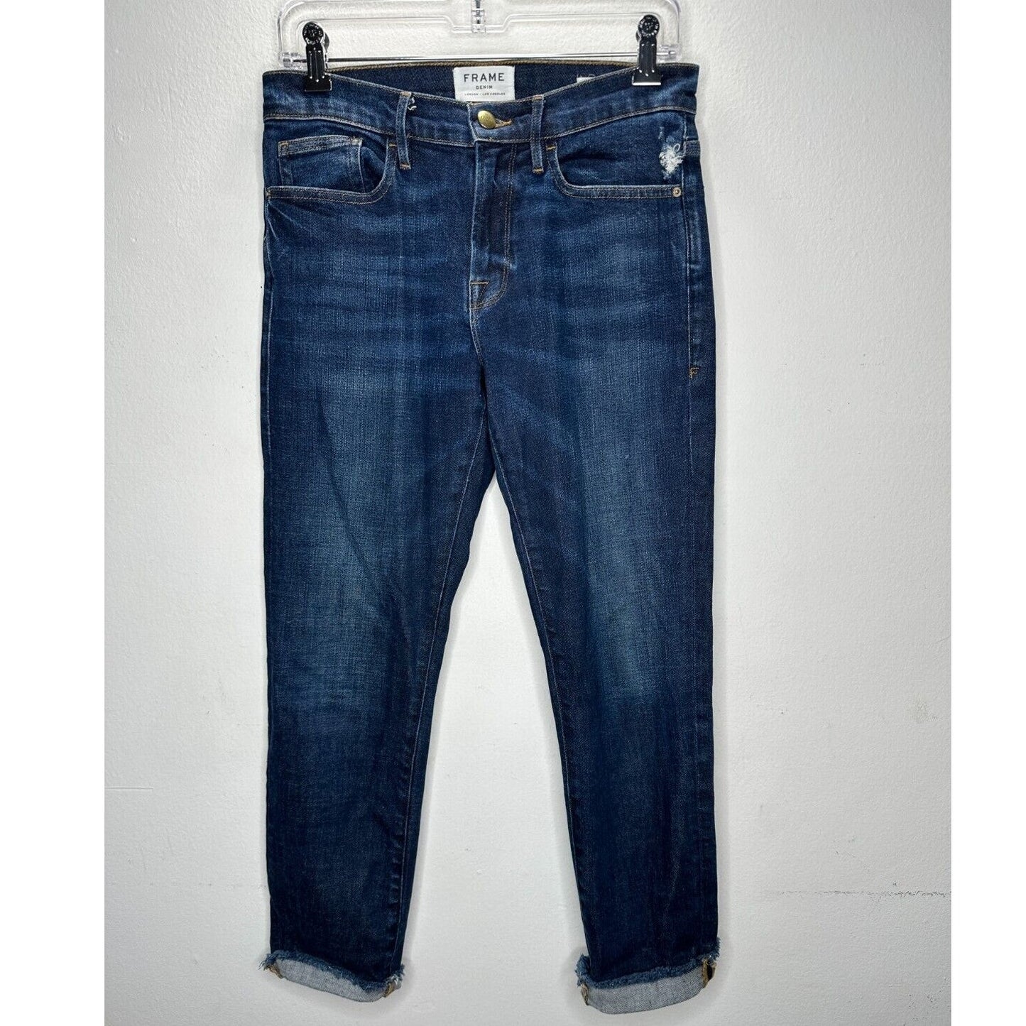 Frame Denim Le Boy Pondview Cropped Frayed Hem Straight Leg Jean Dark Wash 27