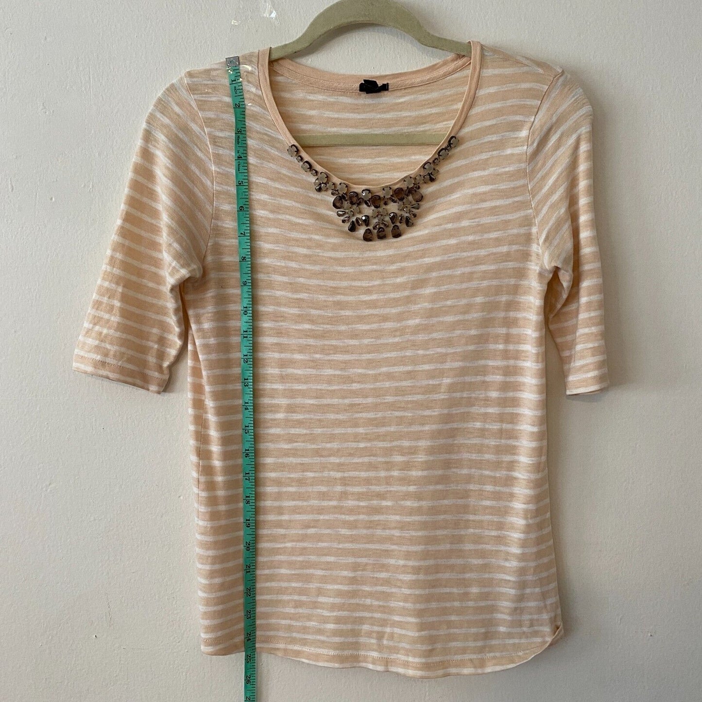 J Crew Jeweled Gem Stone Round Neck Peach and White Striped Painter Tee XS