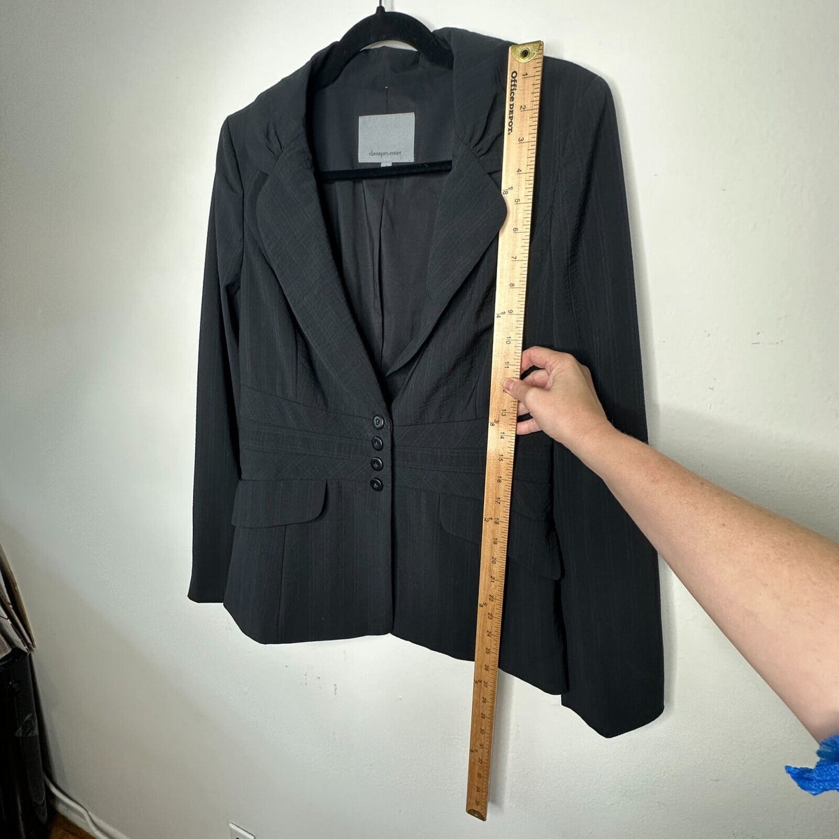 Classiques Navy Blue Pinstripe Fitted Peplum Waist 4-Button Wool Blazer 10