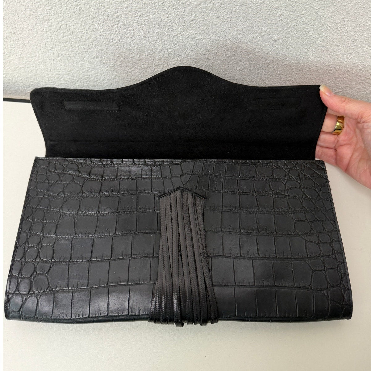 RARE Raven Kauffman Couture Black Croc Leather Bird Head Envelope Clutch Bag
