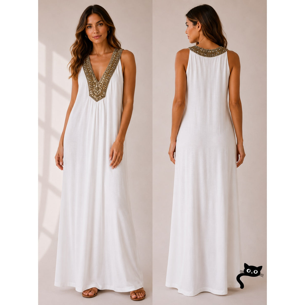 NWT Elizabeth Hurley Beach White Jemima Maxi Gold Embellished Bead Neckline Med