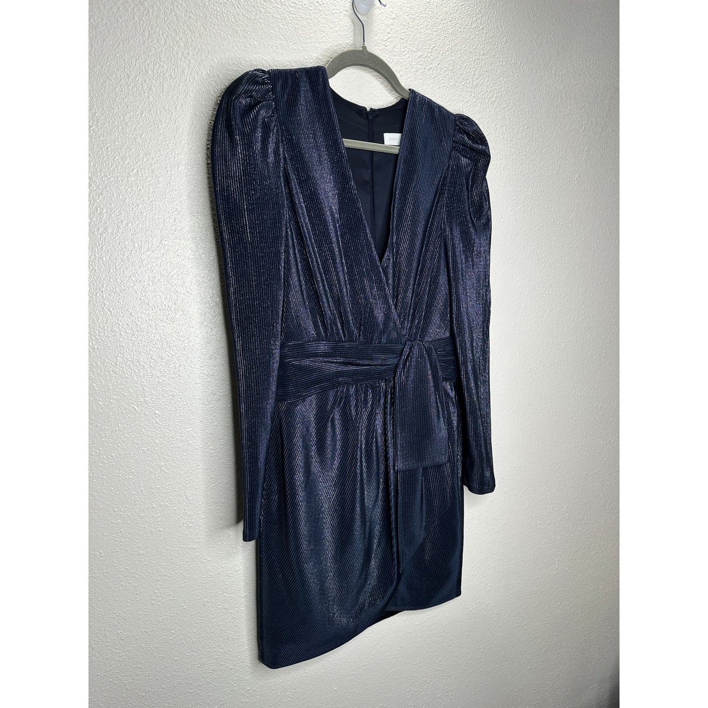 NWT Jonathan Simkhai Navy Metallic Striped Puff Shoulder Tie Waist Dress 2