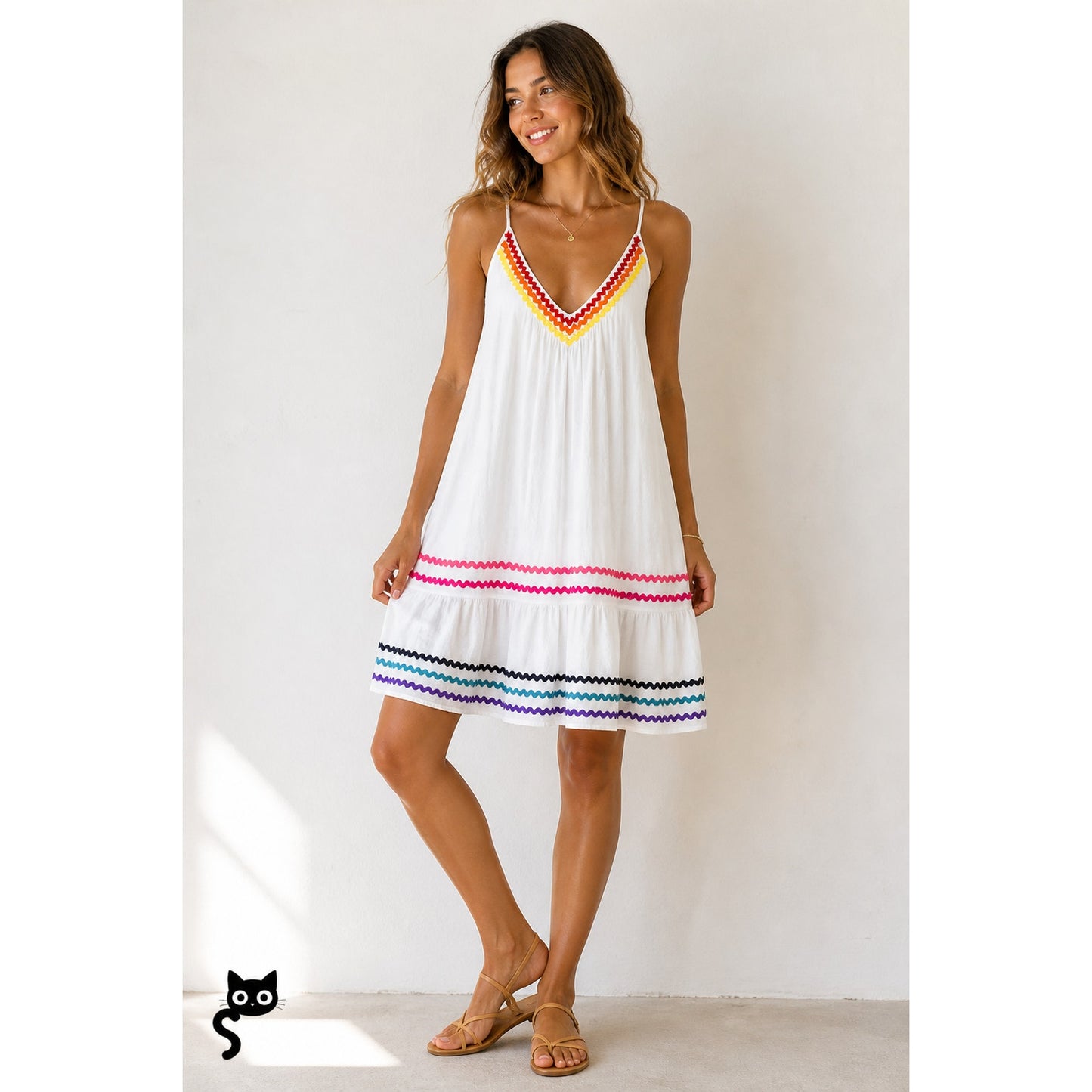 9 Seed St Tropez Cute Rainbow Zig Zag Trim Flowy VNeck Mini Pleated Sun Dress OS