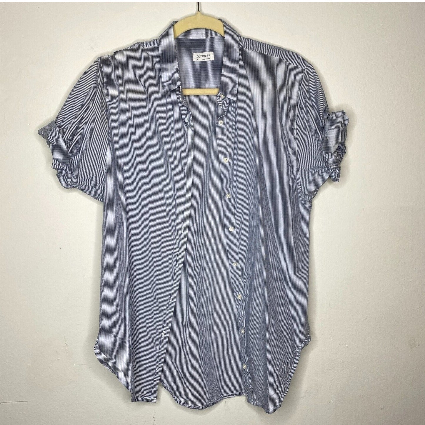Aritzia Community Blue and White Pin Stripe The Jane Short Sleeve Button Shirt