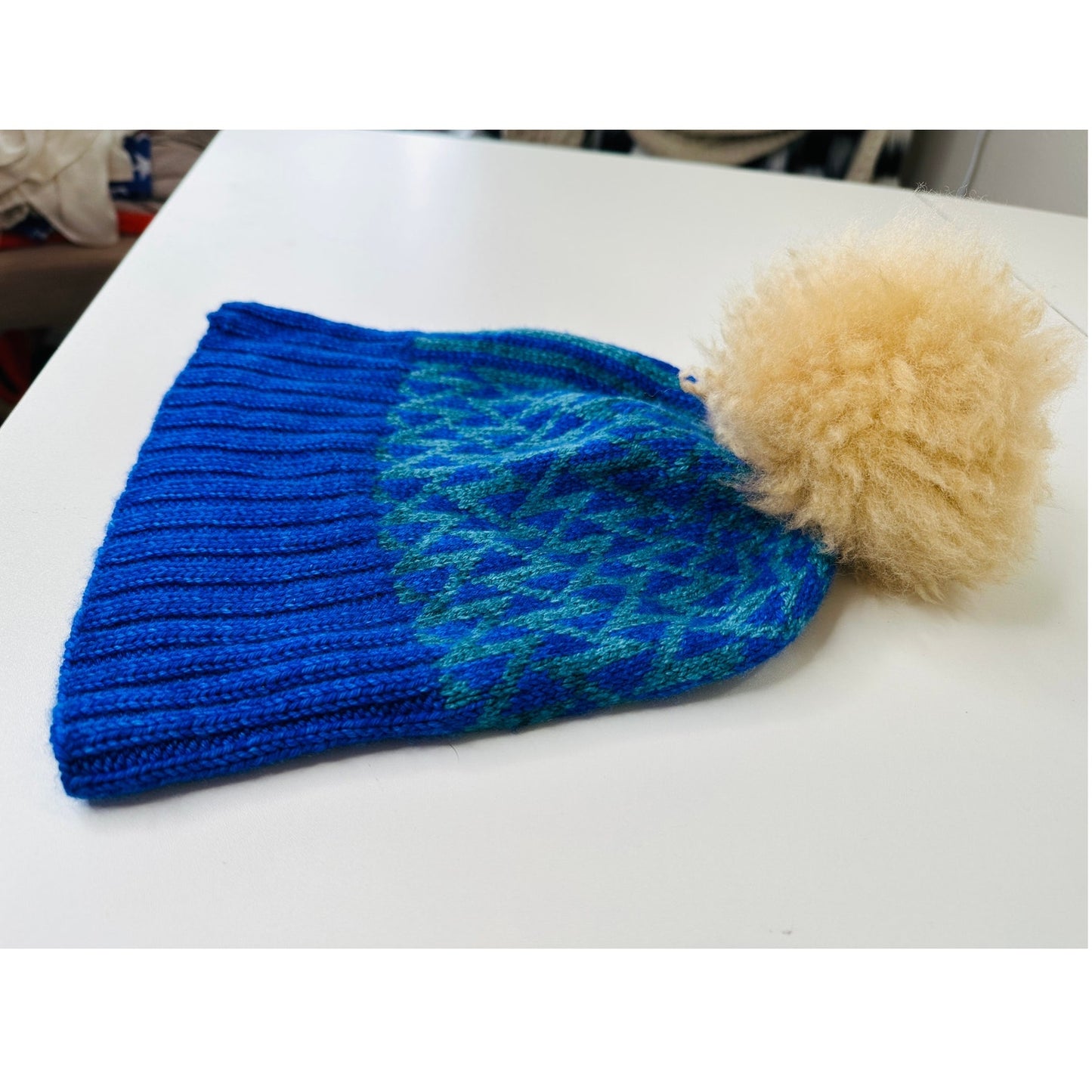 Blue Green Triangle Print Knit Beanie Tan Pom Pom OS