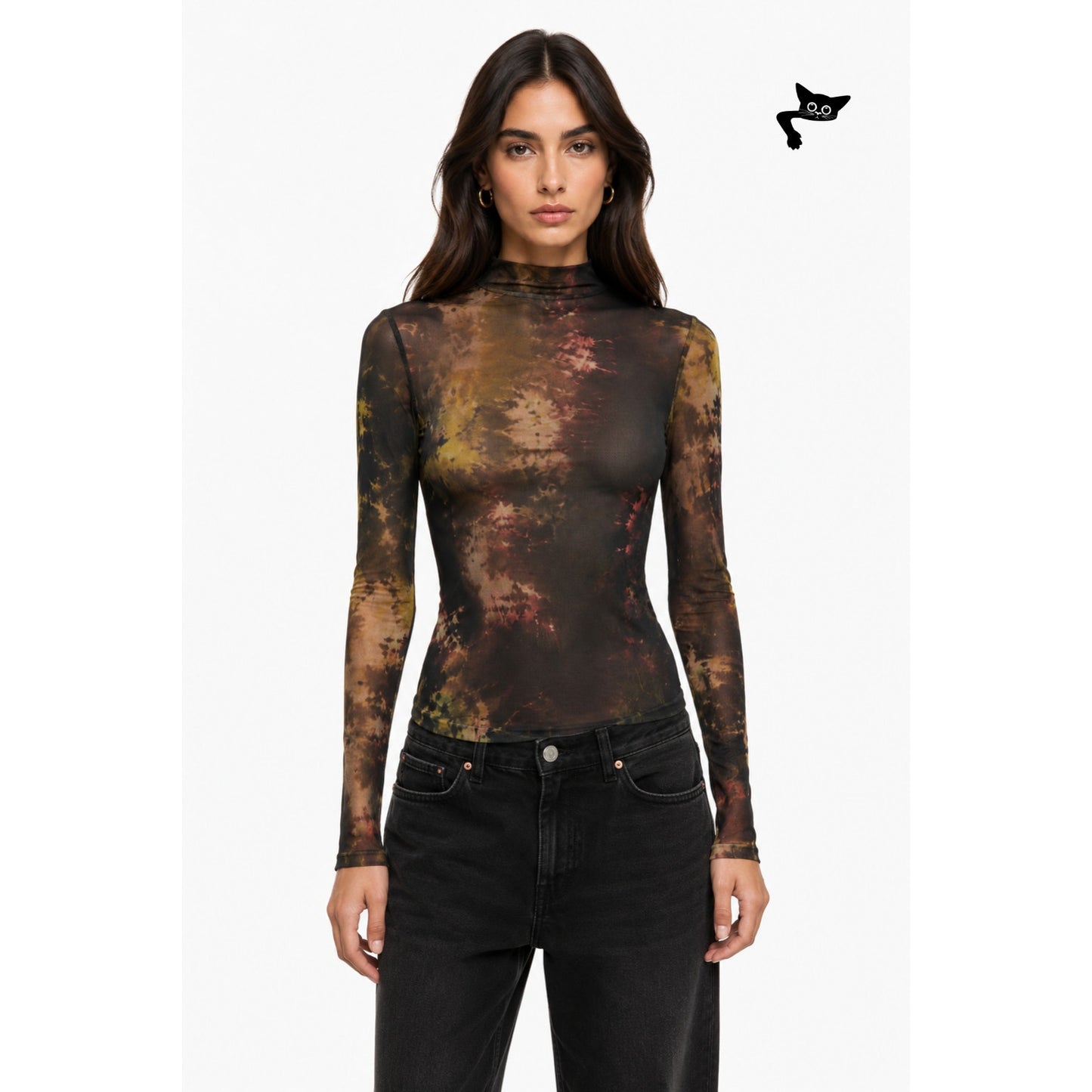 NWT Zara Tie Dye Sheer Mesh Mock Neck Long Sleeve Top