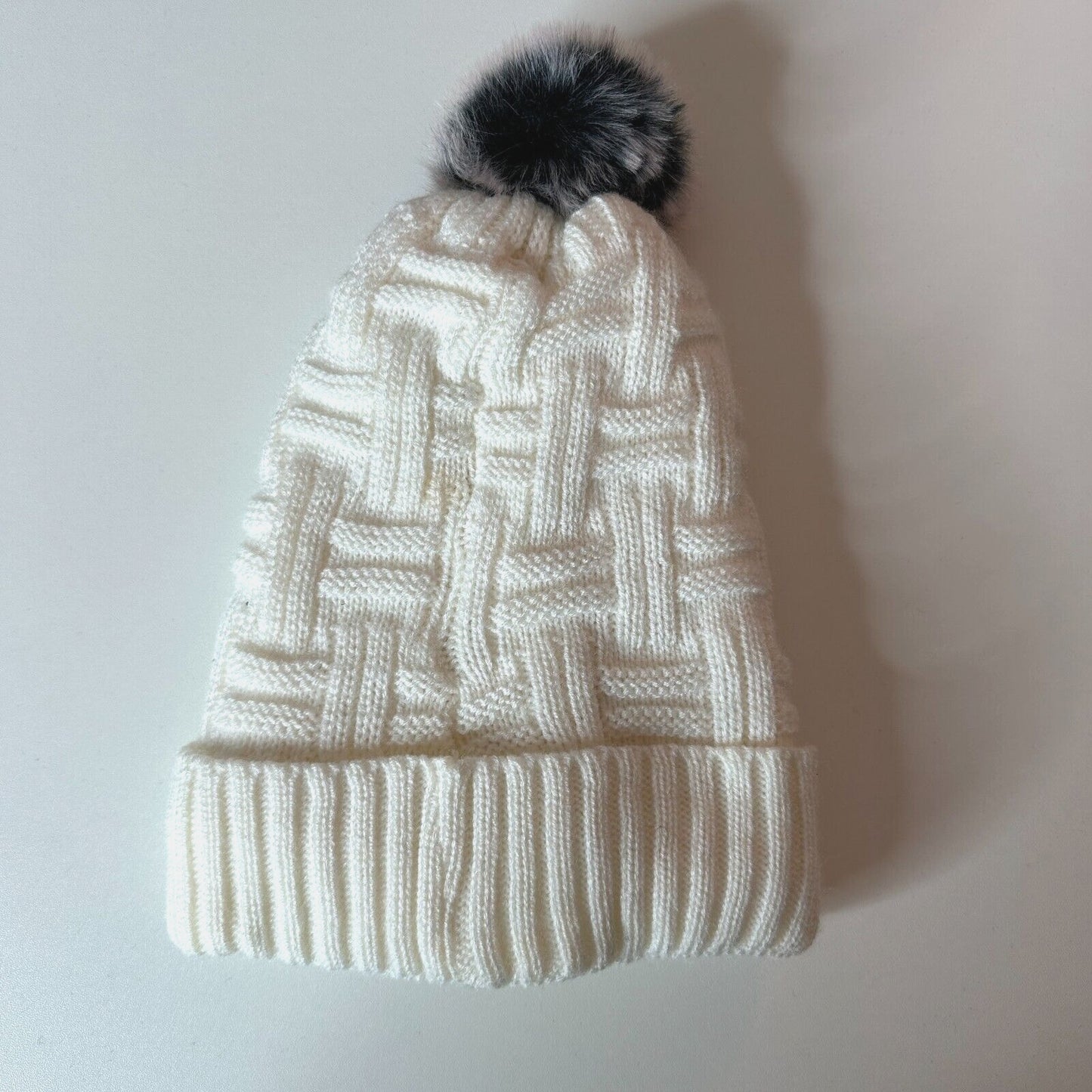 J.S Elk Deer Brown Patch Basket Weave Cream Beanie Gray Pom Pom Sherpa Lining OS