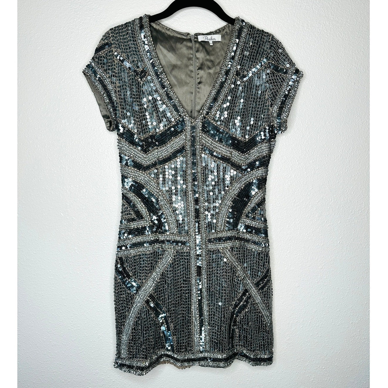 Parker Gray Silver & Rose Gold Sequin Aztec Print V-Neck Cap Sleeve Mini Dress S