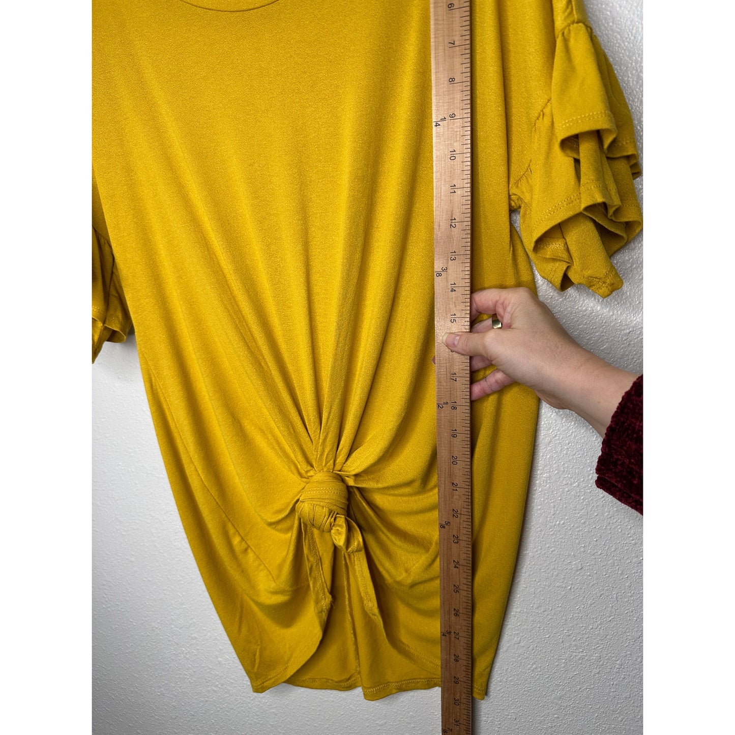 NWT Shop Basic Mustard Yellow round Neck Ruffle Sleeve Front Knot Shirt M