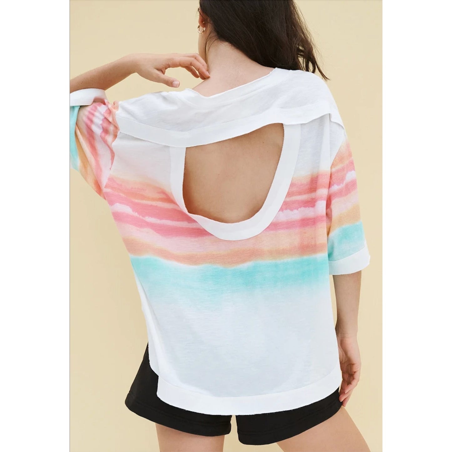 Daily Practice Ivory Peach Teal Striped LA logo High Low Tee XXS