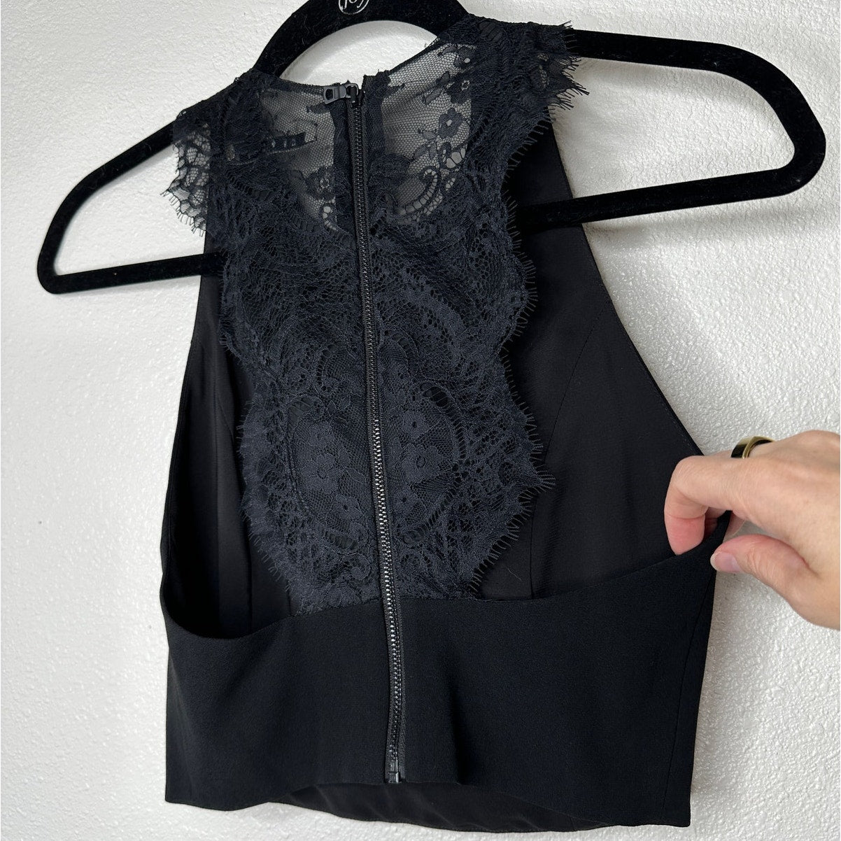 Alice + Olivia Crepe de Chine Black Lace Going Out Crop Top 0