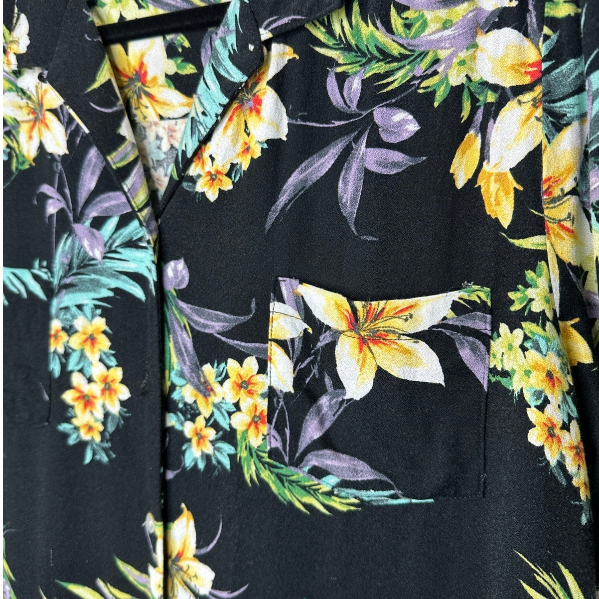 Lovestitch Black Teal Yellow Multi Color Short Sleeve Collared Button Hawaiian Shirt L