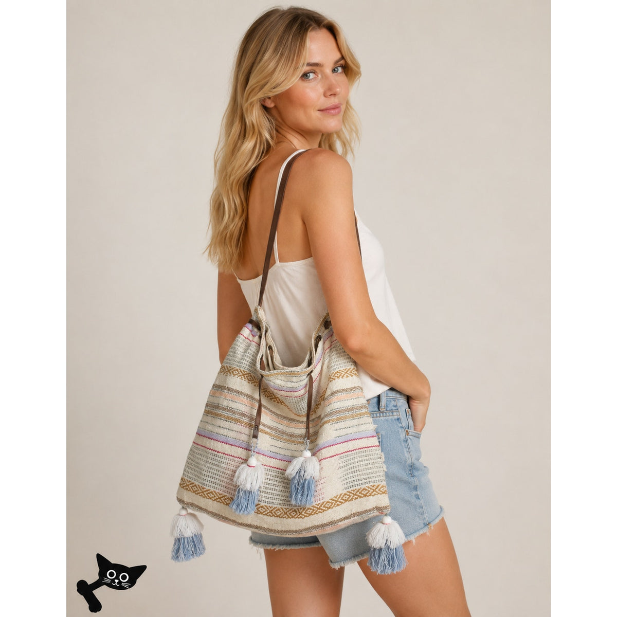 Lovestitch Tan Multicolor Striped Canvas Boho Bag Drawstring Snap Closure