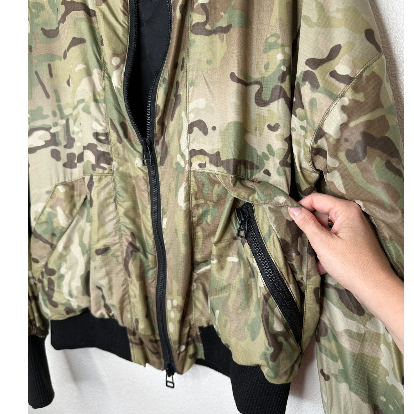 Daniel Patrick Olive Camo Front Split Zip Satin Long Sleeve Bomber Jacket M