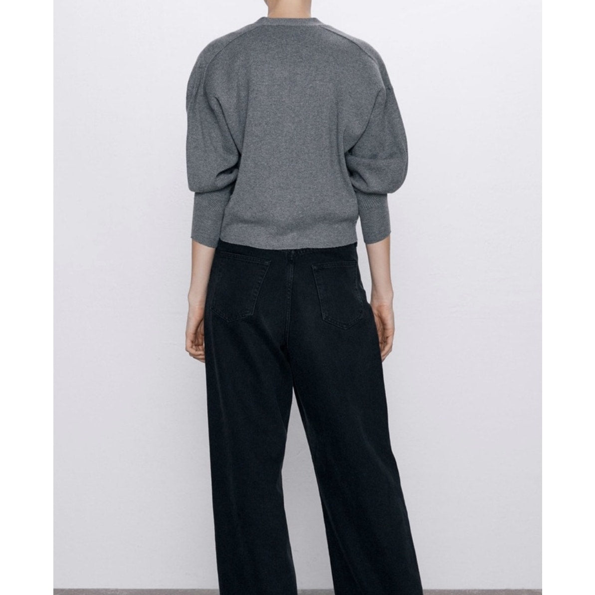 Zara Heather Gray Micro Rib V-Neck Front Button Long Sleeve Crop Cardigan Sweater S