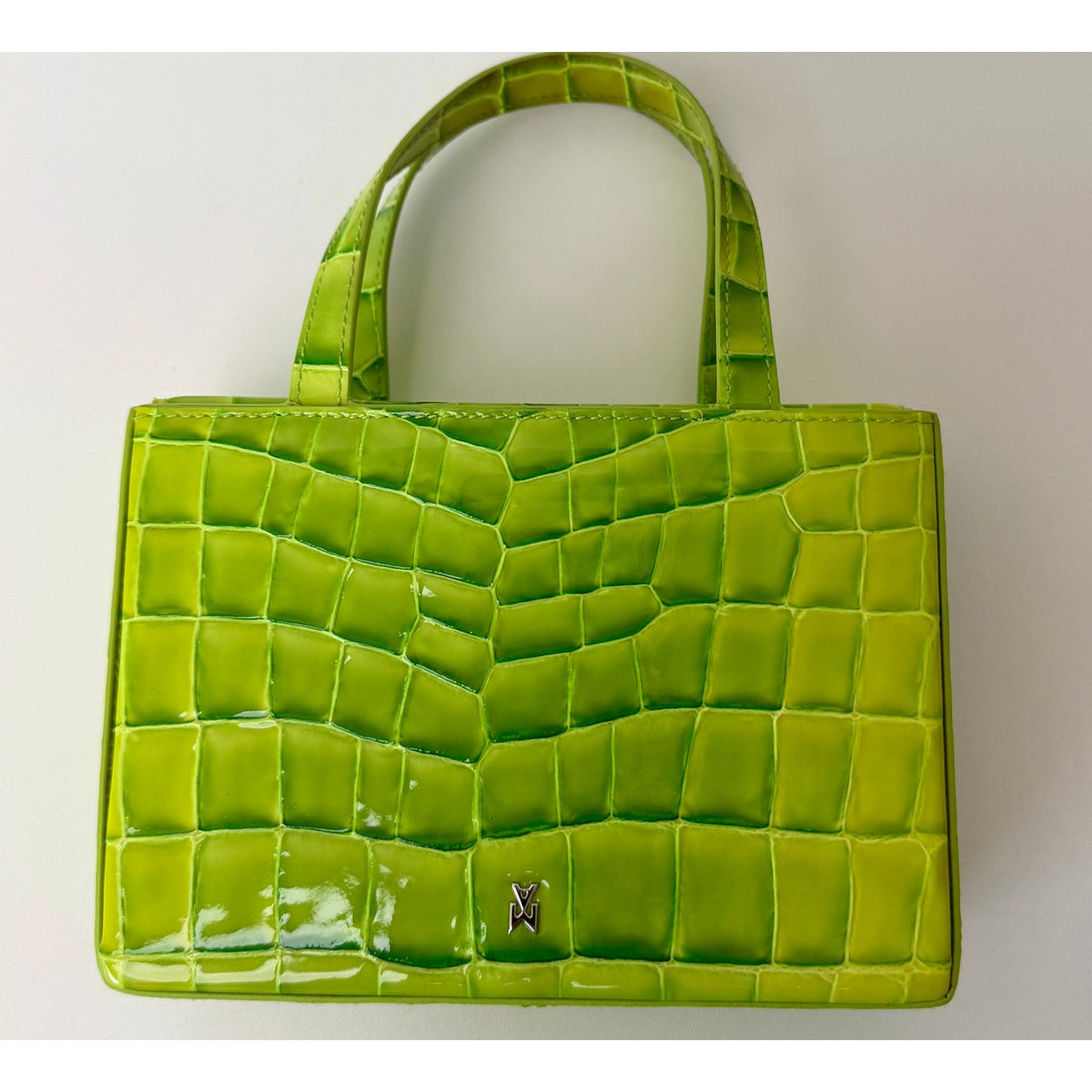 EUC Amina Muaddi Mini Croc Embossed Lime Green Leather Top Handle Bag