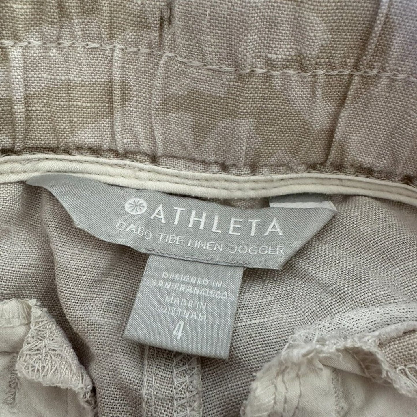 Athleta Cream & Tan Camo Cabo Print Tied Linen Jogger Pant Zip Front Pockets 4