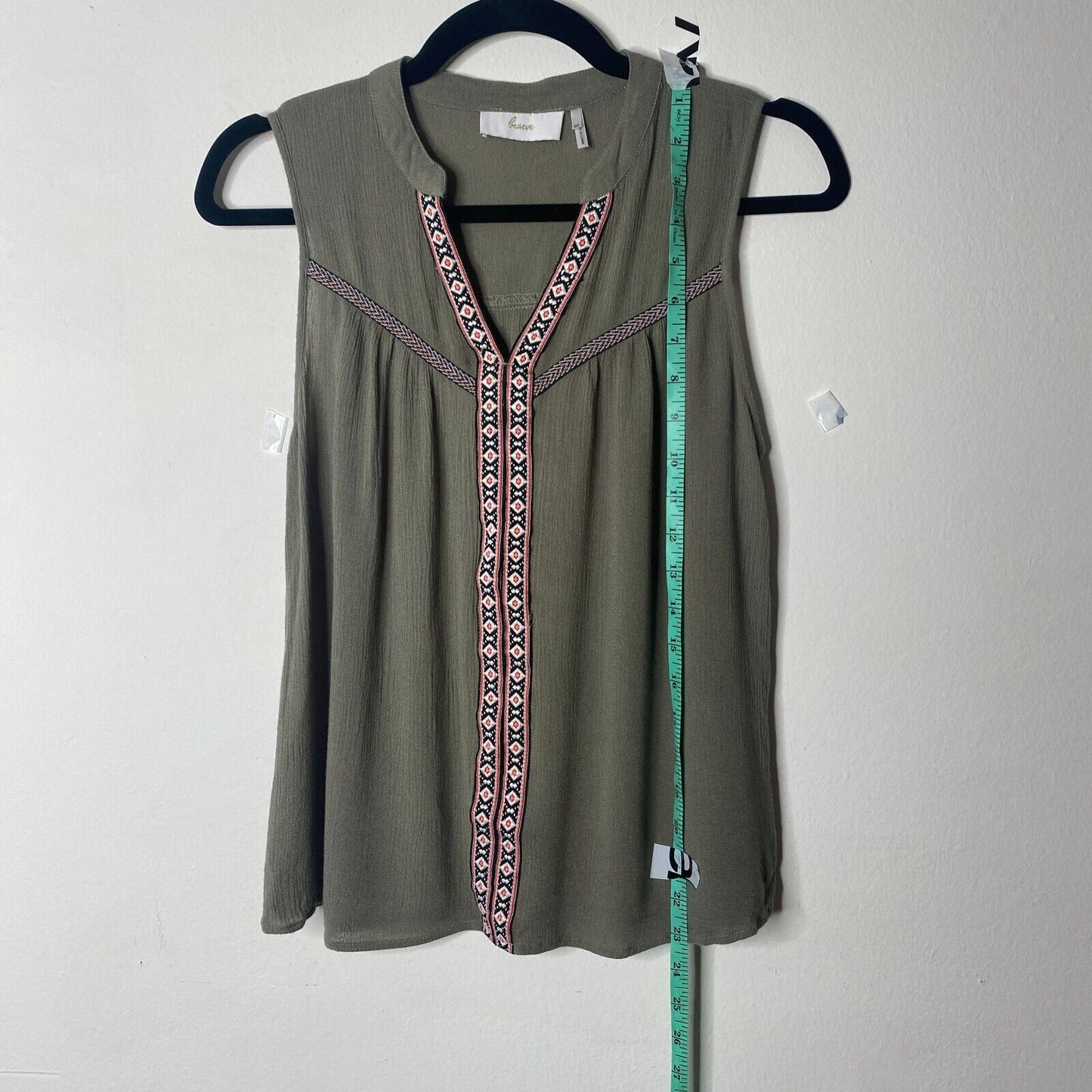 Braeve Olive Green Black Pink & White Aztec Print Trim Sleeveless Flowy Blouse S