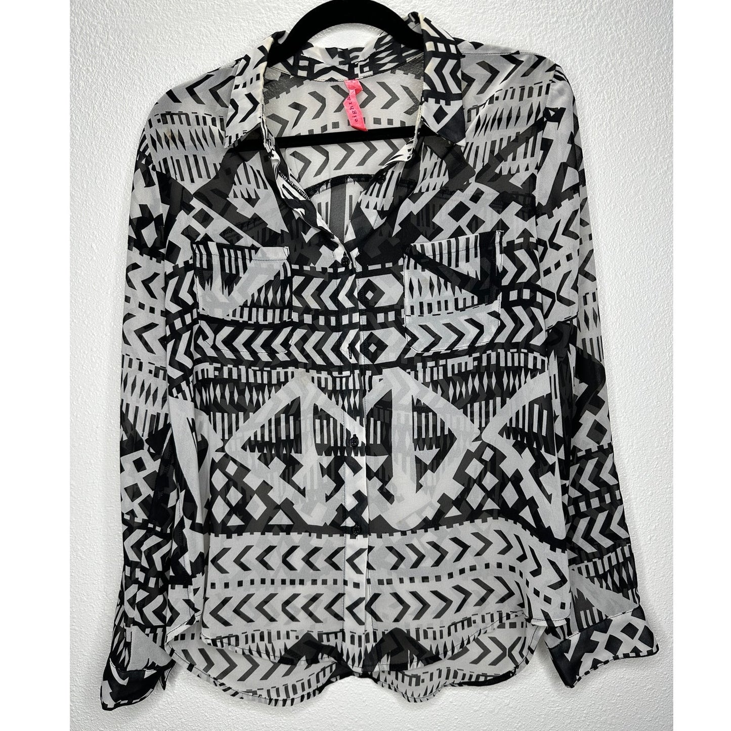Eight Sixy Black & Gray Aztec Print Sheer Button Long Sleeve Blouse S