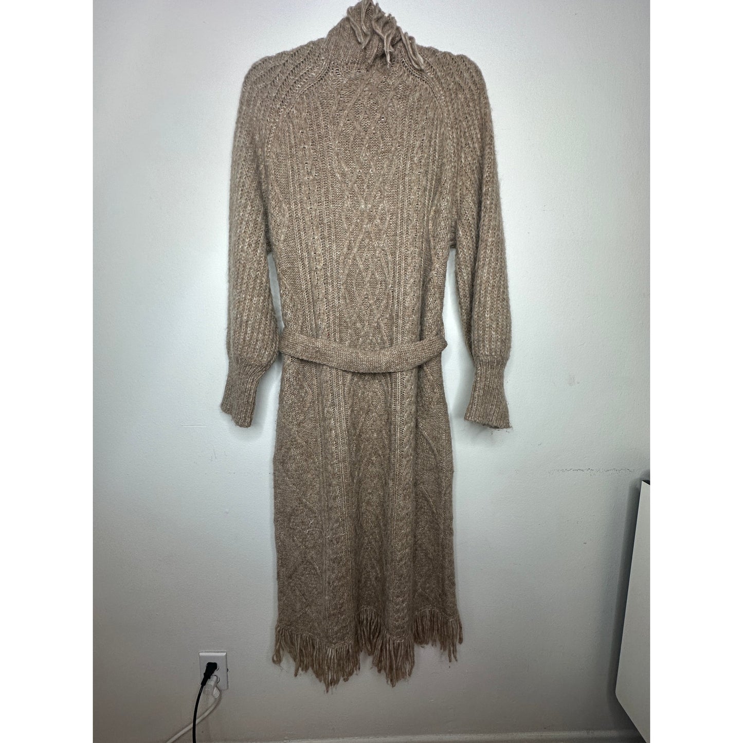 Olivaceous Tan Cream Cable Knit Fringe Trim Midi Cardigan L