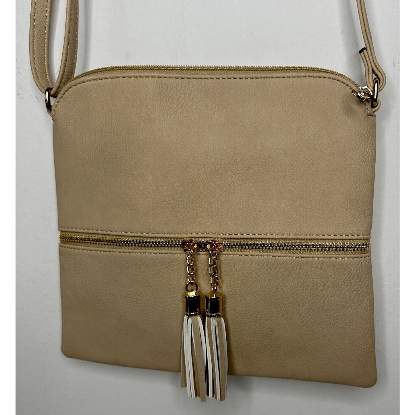 Desert Sand Tan and Gold Crossbody Bag Tassel Blue White Striped Interior Strap