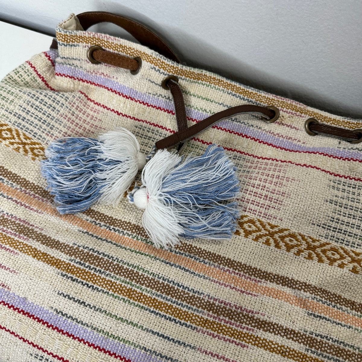 Lovestitch Tan Multicolor Striped Canvas Boho Bag Drawstring Snap Closure