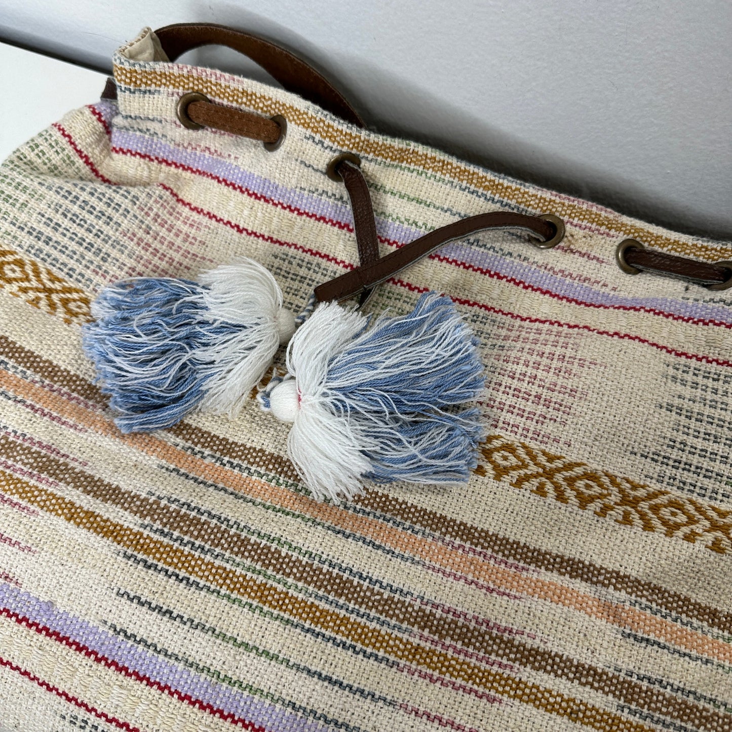 Lovestitch Tan Multicolor Striped Canvas Boho Bag Drawstring Snap Closure