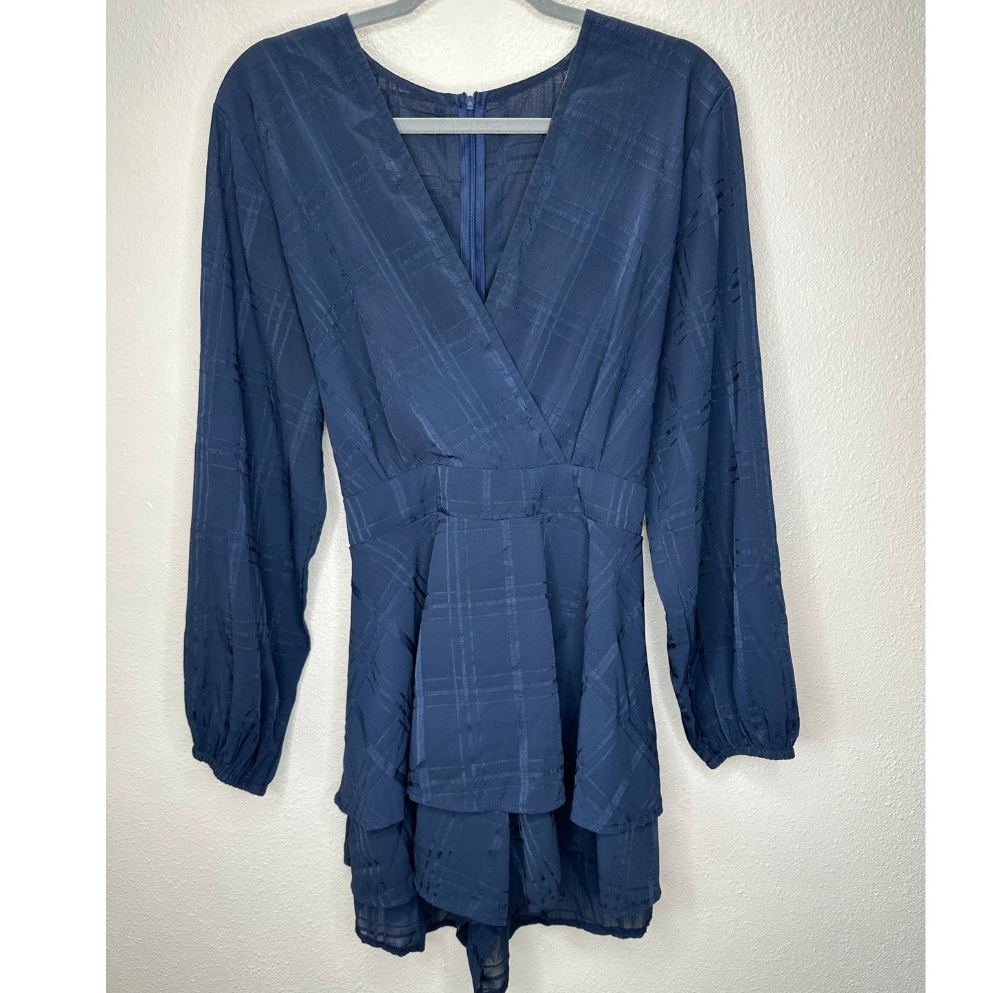 Navy Fit & Flare Sheer Plaid Faux Wrap V-Neck Romper Tie Waist XL